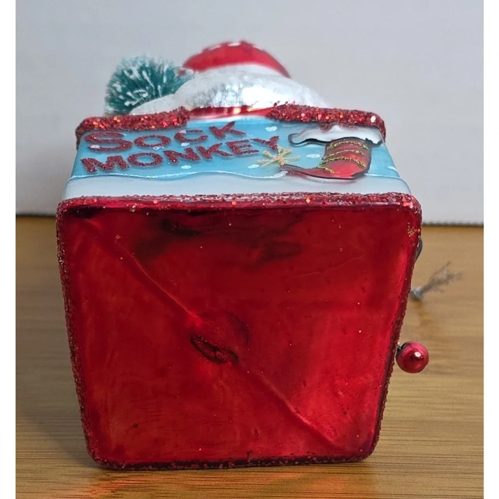 Kurt Adler Sock Monkey Jack in‎ the Box Christmas Ornament Blown Glass 6